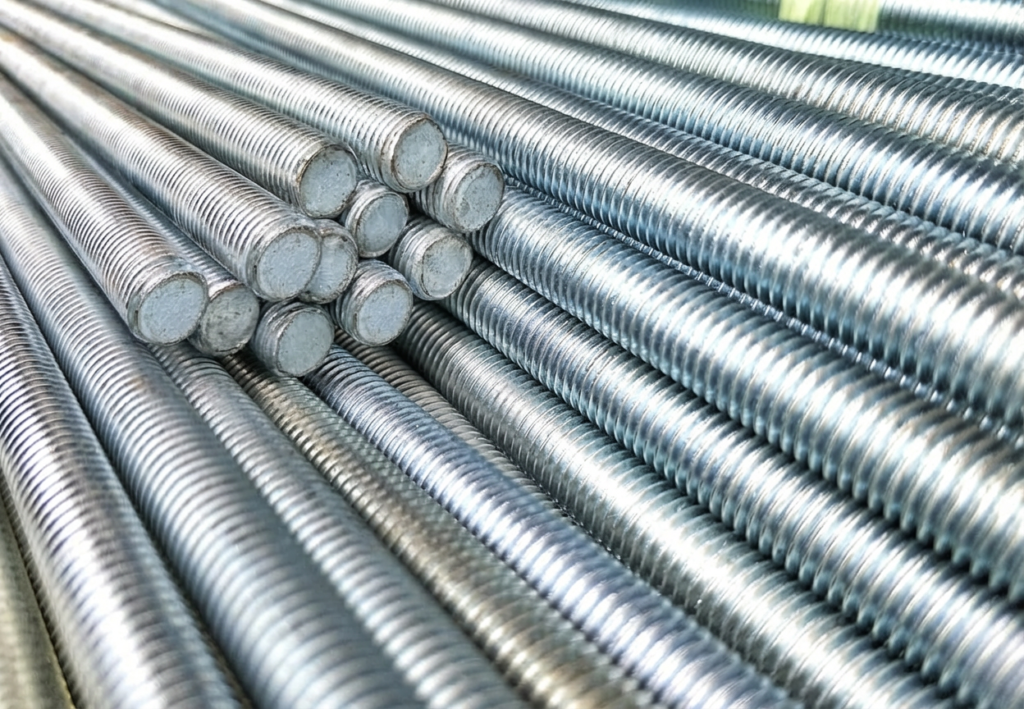 Barras de aço rosqueadas empilhadas em perspectiva, com superfície metálica brilhante e ranhuras uniformes ao longo de toda a extensão.